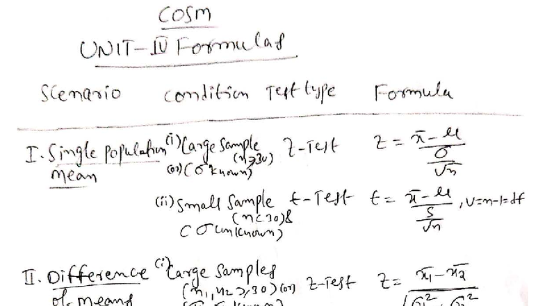 COSM IV Formulas for Statistical Tests and Conditions - Studocu