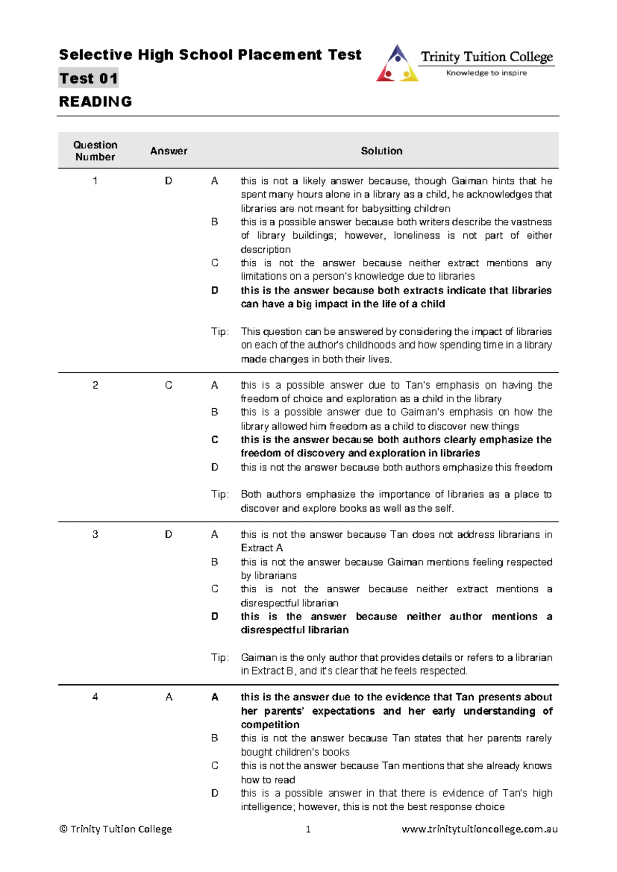 Trinity Tuition College Reading Test 01: Exam Paper & Questions - Studocu