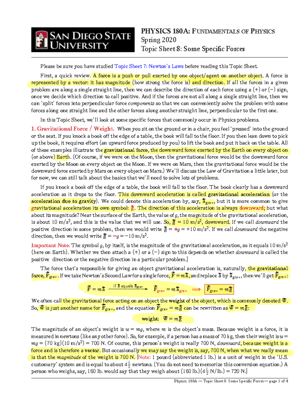 Topic Sheet 8 - Lecture notes 8 - PHYSICS 180A: FundamentalS oF PHYSICS ...