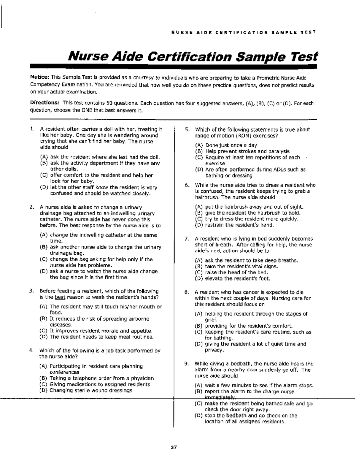 NURSE AIDE CERTIFICATION PRACTICE EXAM 15 WITH ANSWERS - Studocu