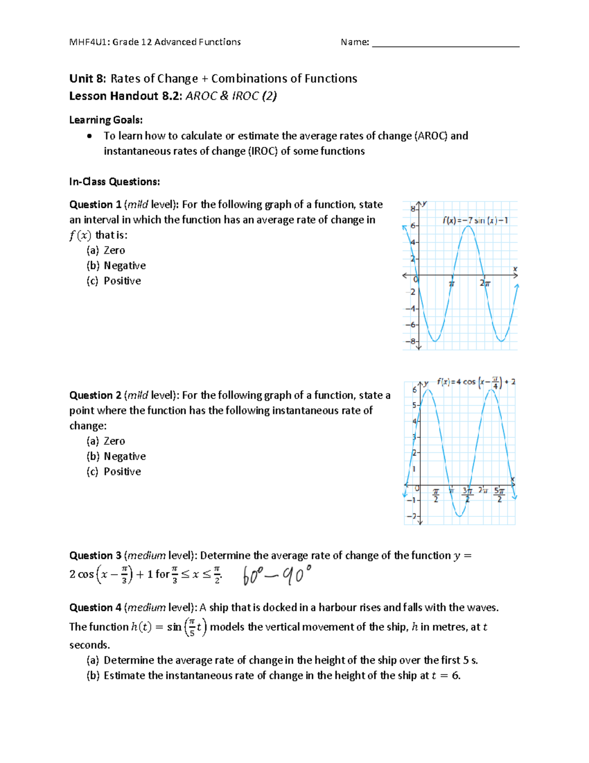 MHF4U1: Lesson Handout 8.2 - AROC & IROC In-Class Questions - Studocu