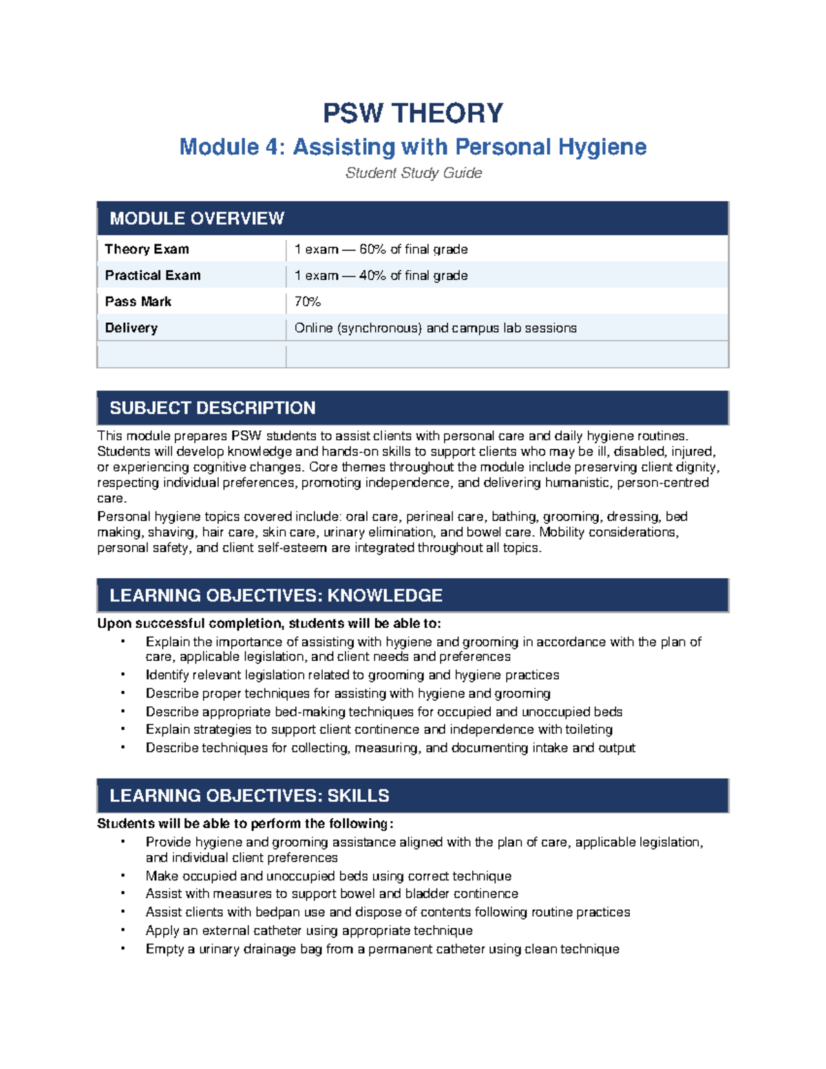 PSW 4: Personal Hygiene Assistance Study Guide for Theory Exam - Studocu