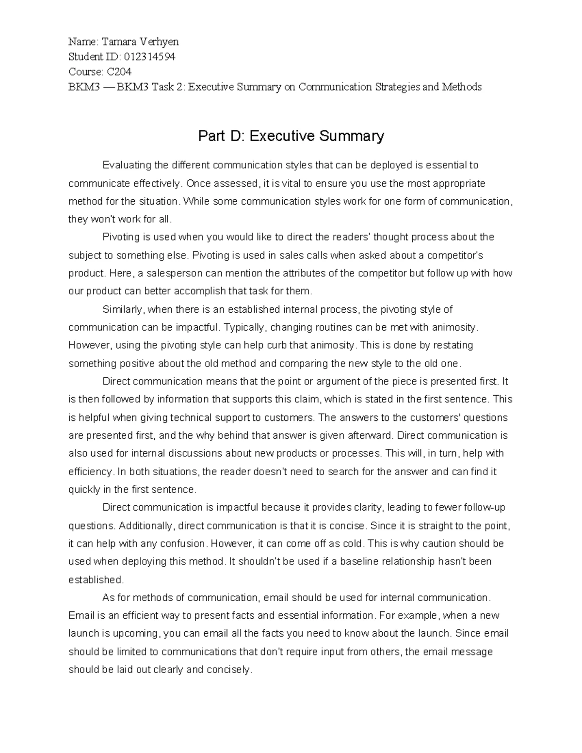 BKM3 Task 2 Exec Summary on Comm Strategies & Methods Evaluation - Studocu