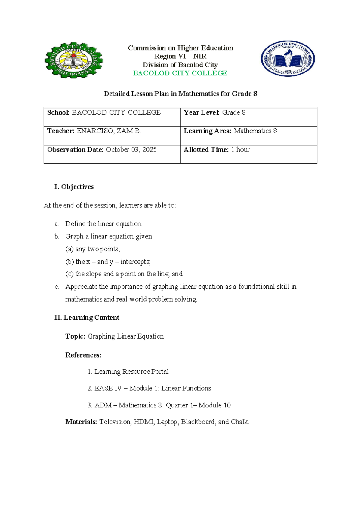 Detailed Lesson Plan in Mathematics 8: Graphing Linear Equations - Studocu