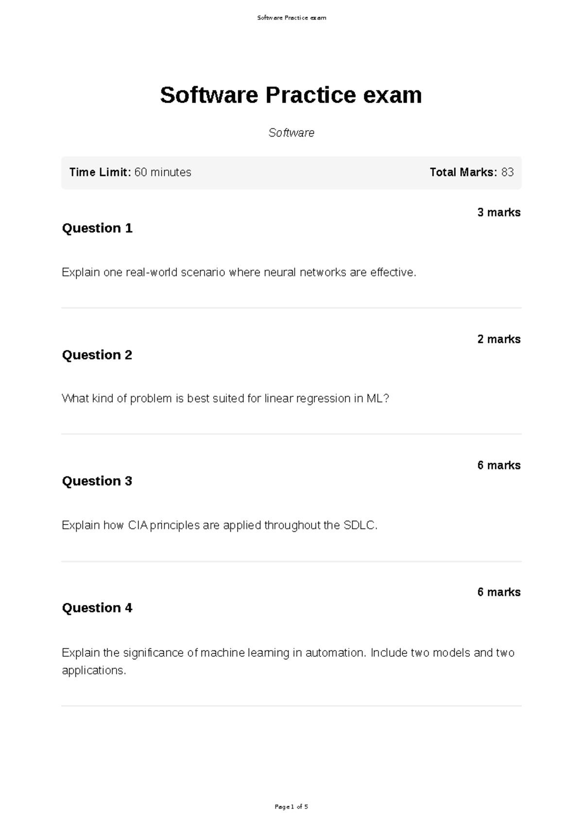 Software Practice Exam: Key Concepts in Machine Learning and Security ...
