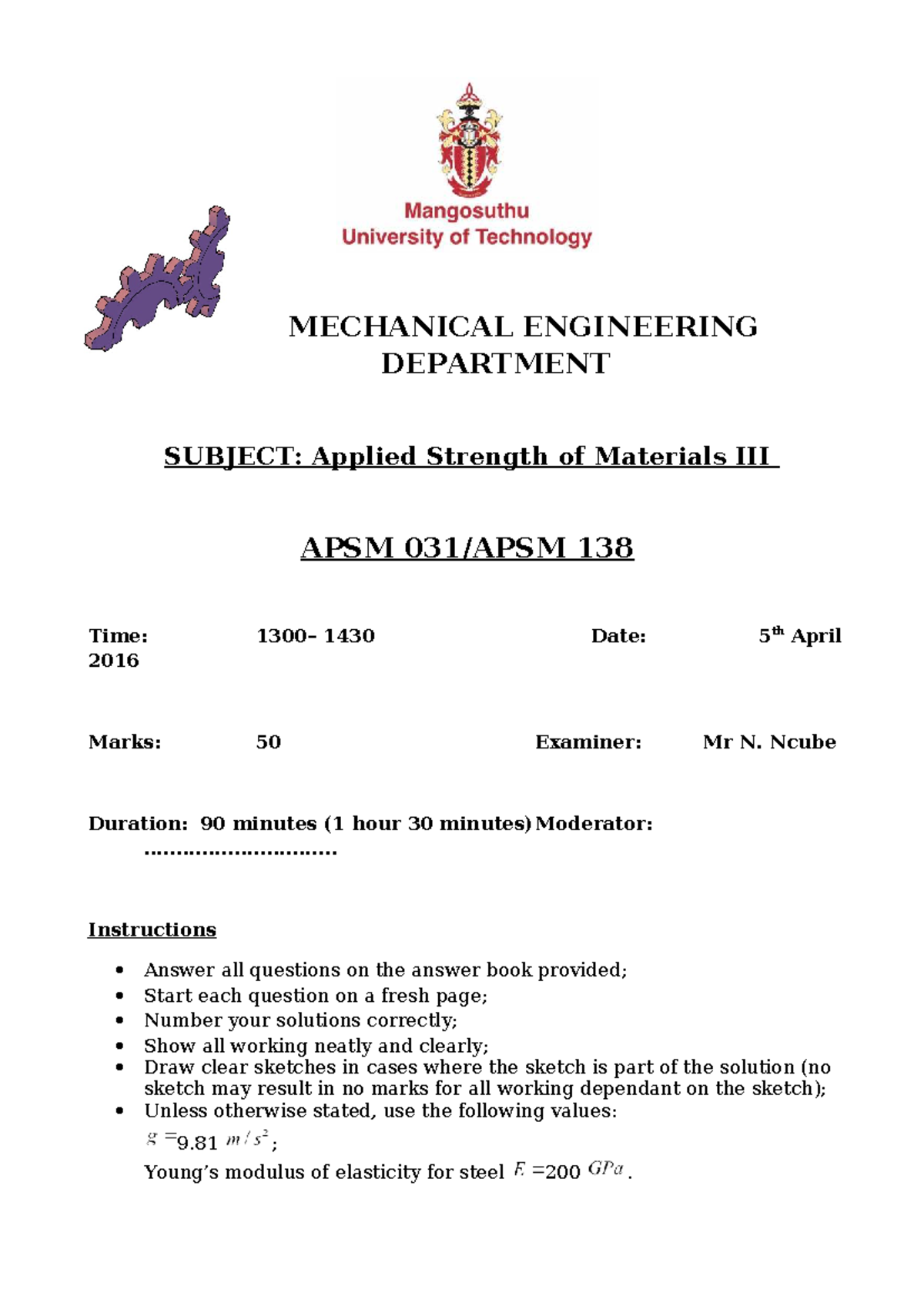 APSM 138 Applied Strength of Materials Test 2 - 2016 - Studocu