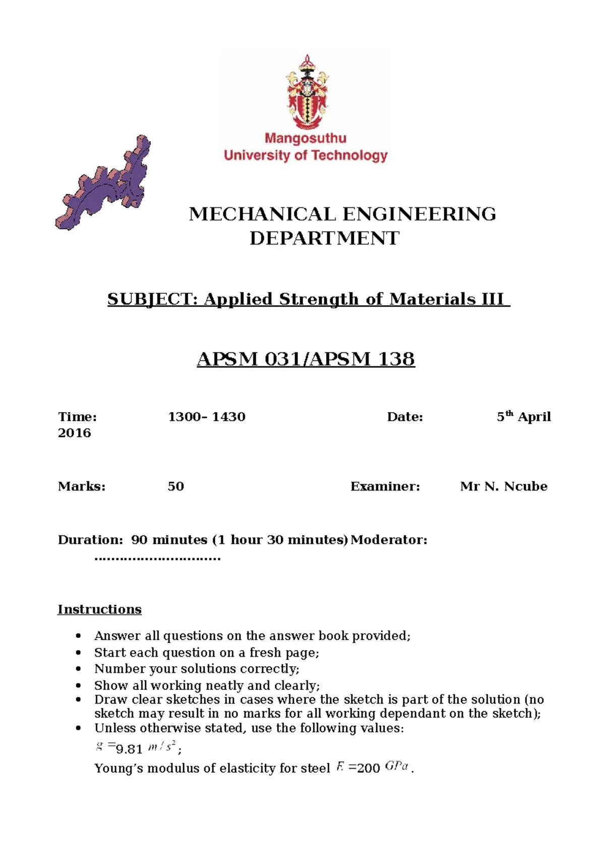 APSM 131 Final Exam: Applied Strength of Materials - Nov 2015 - Studocu