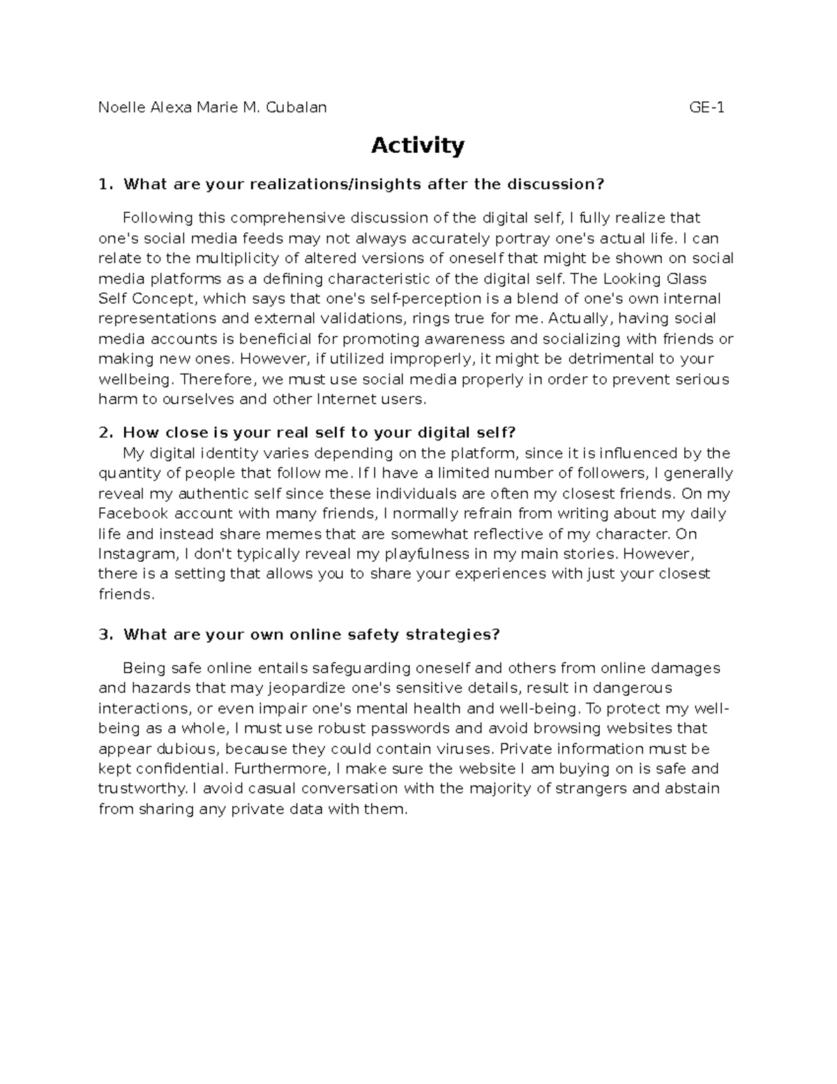 Digital Self Reflections: Insights & Safety Strategies - GE 101 - Studocu