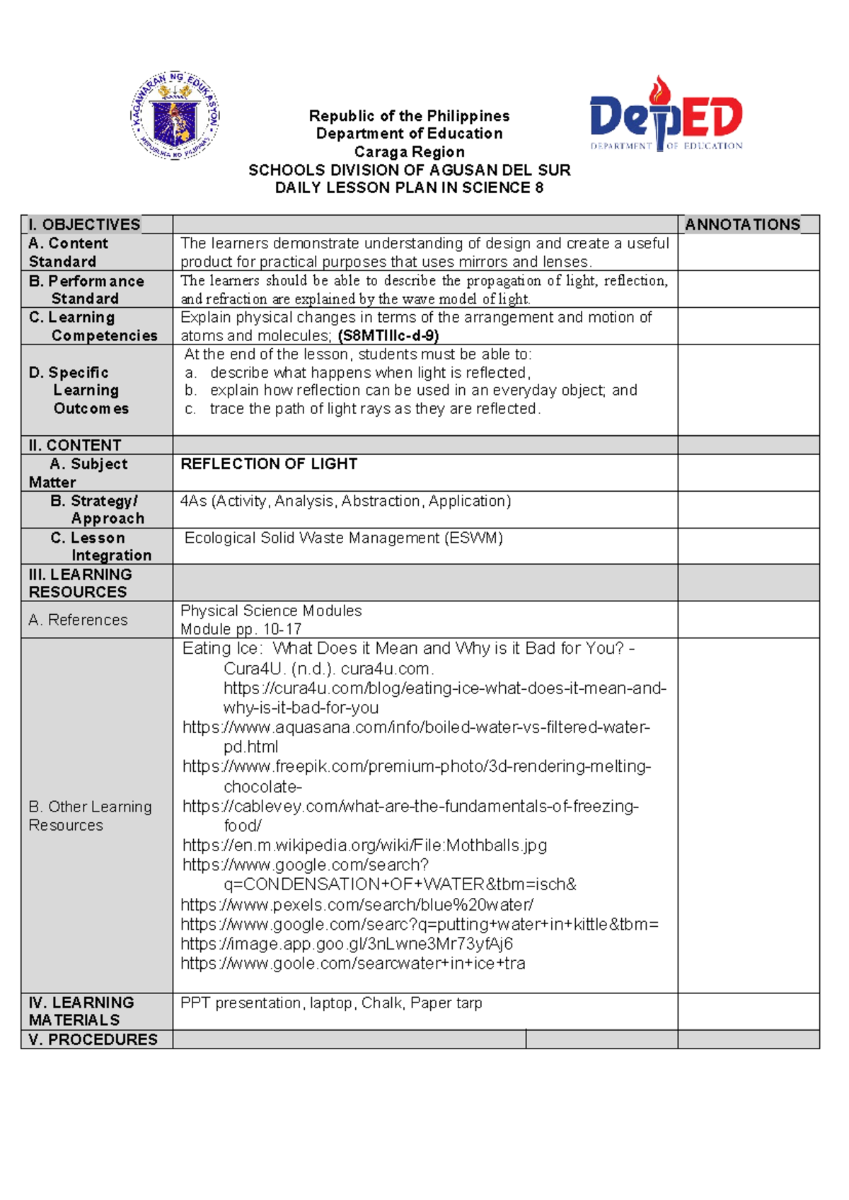 Final DLP: Science 8 Lesson Plan on Reflection of Light - Studocu