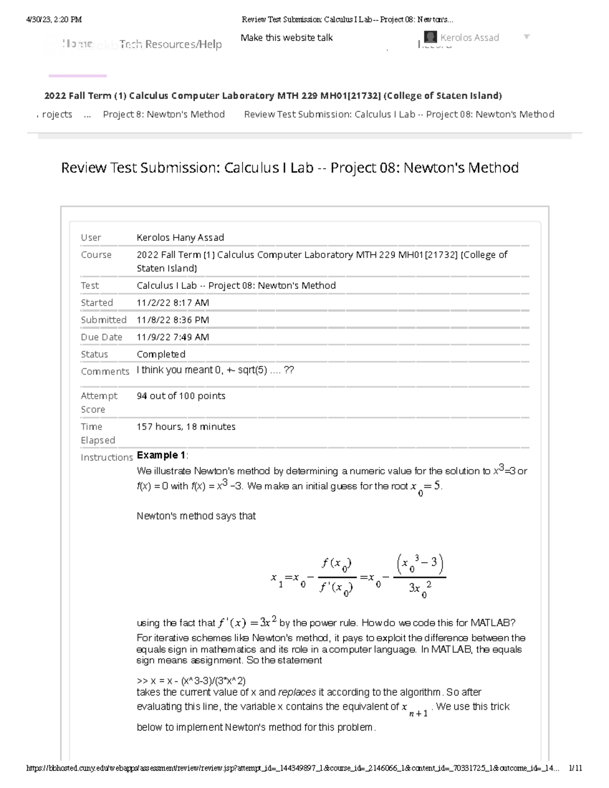 Review Test Submission: Calculus I Lab MTH 229 - Project 08 Newton's ...