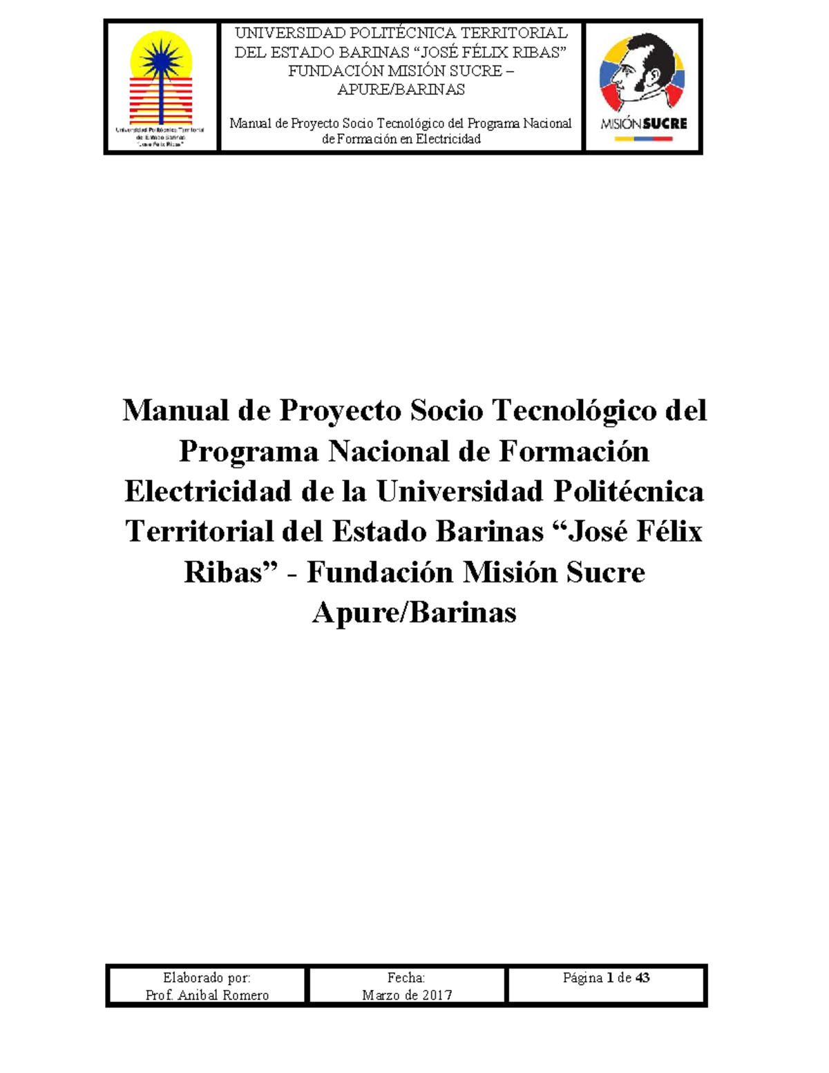 Normas para el Proyecto Socio Tecnológico PNF en Electricidad (Misión Sucre) - Document Preview