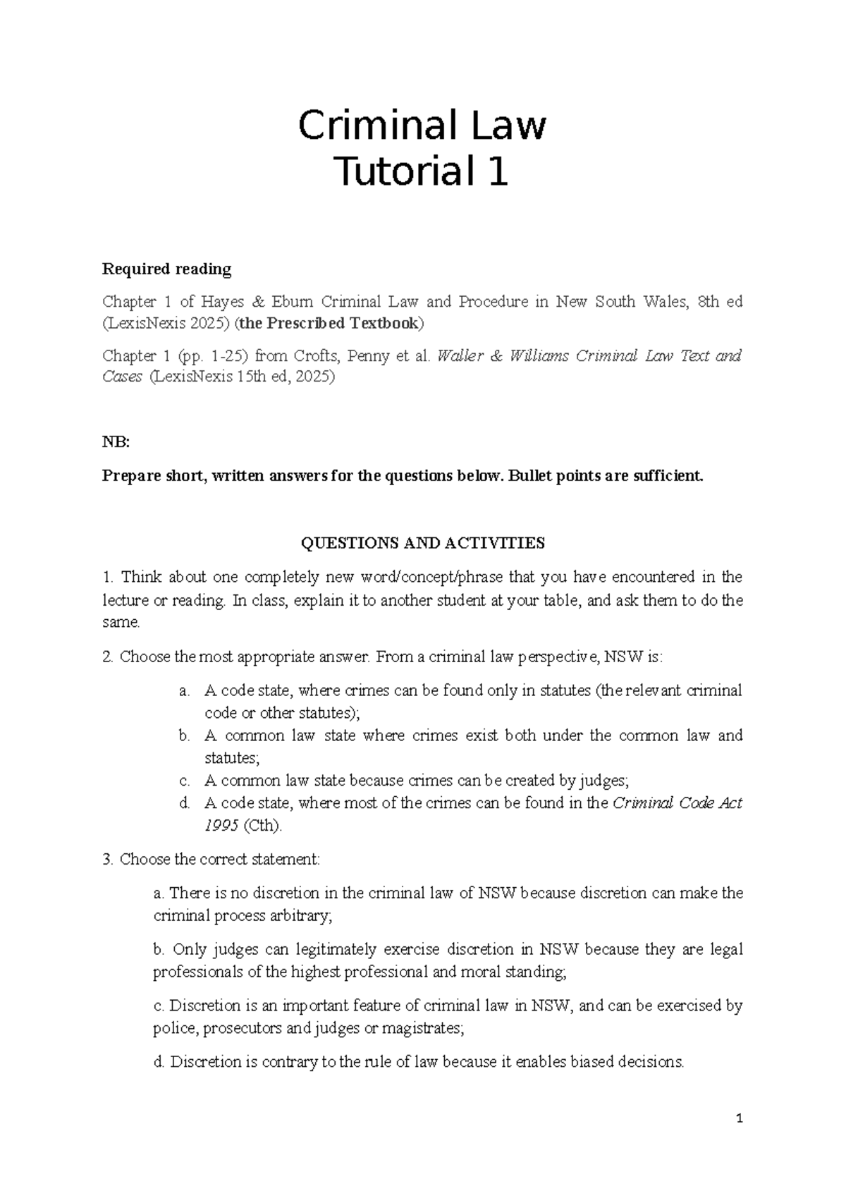 Criminal Law Tutorial 1: Required Readings & Key Questions (LAWS101 ...