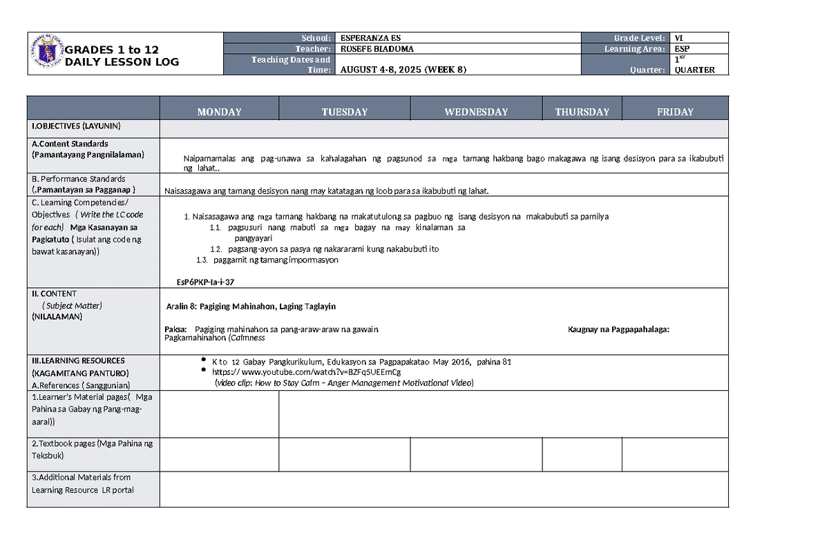 DLL Filipino 6 Q1 W8 - Daily Lesson Log for August 2025 - Studocu