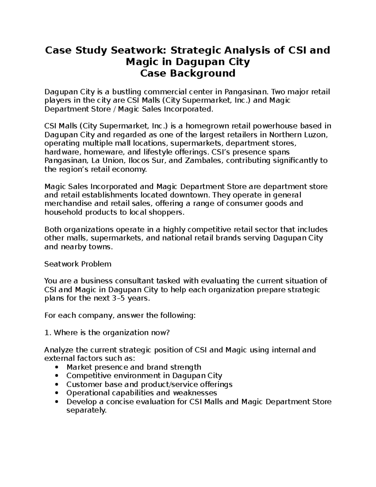 Case Study Seatwork: Strategic Analysis of CSI & Magic in Dagupan City ...