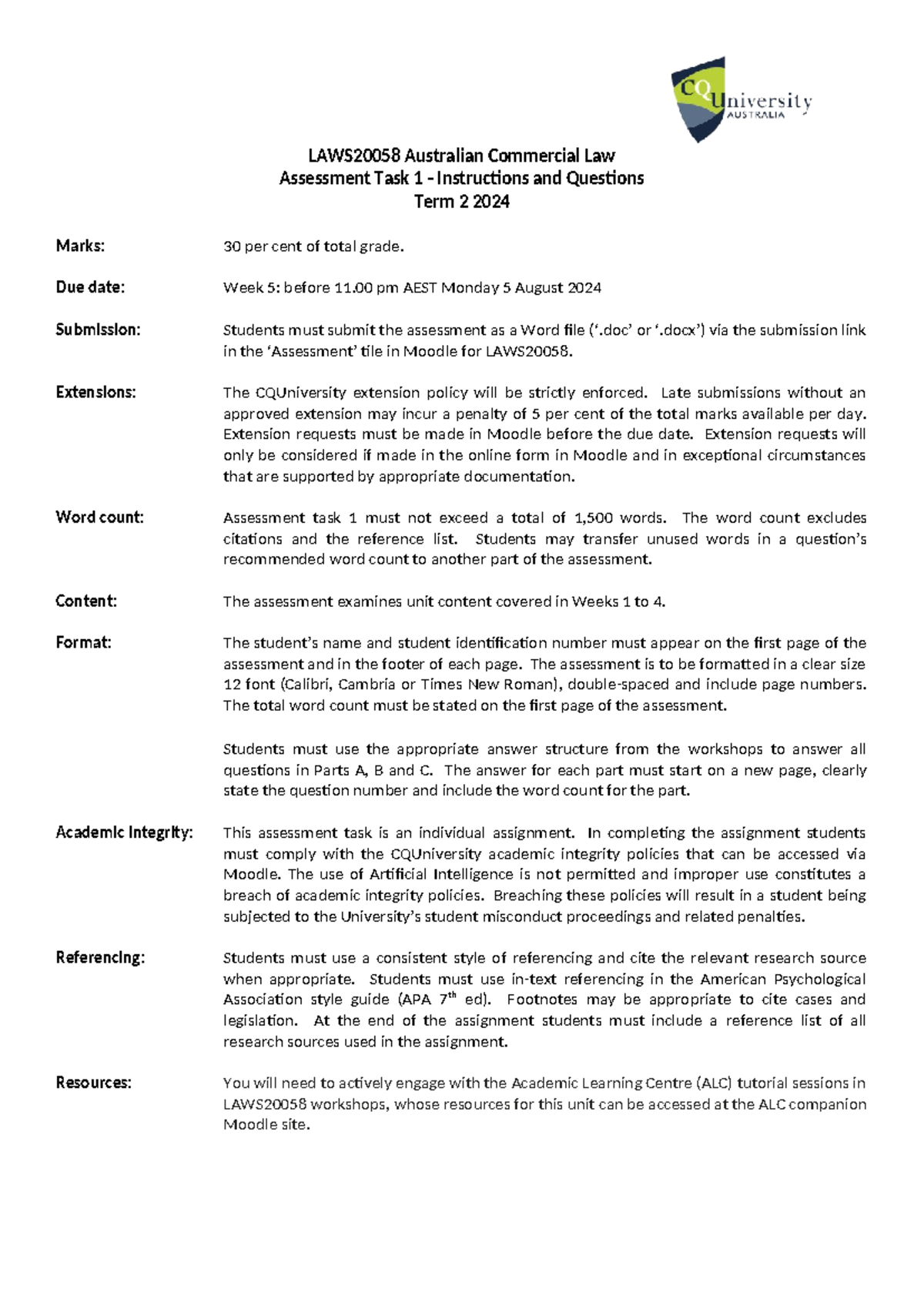 LAWS20058 Assessment Task 1: Business Law Report for Lisa - Term 2 2024 ...