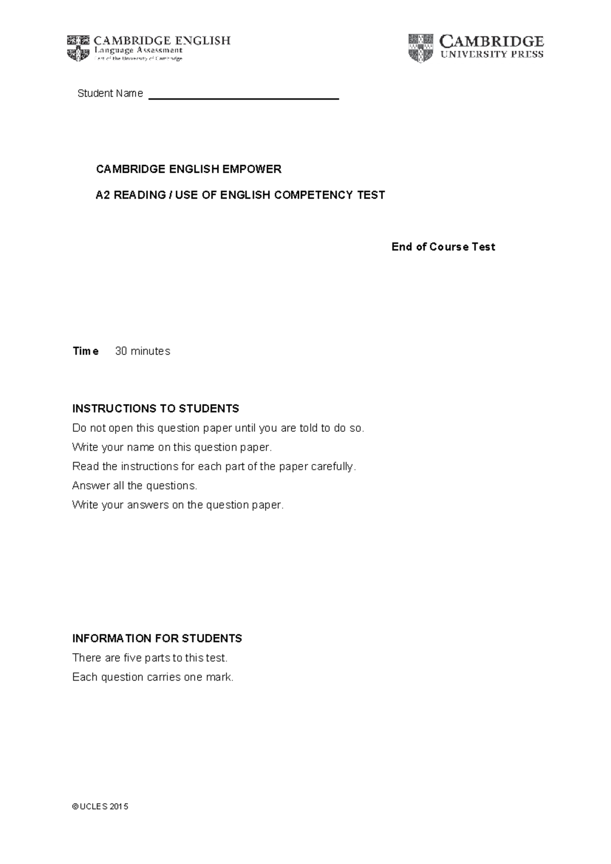 CAMBRIDGE ENGLISH EMPOWER A2 READING USE OF ENGLISH TEST - Studocu