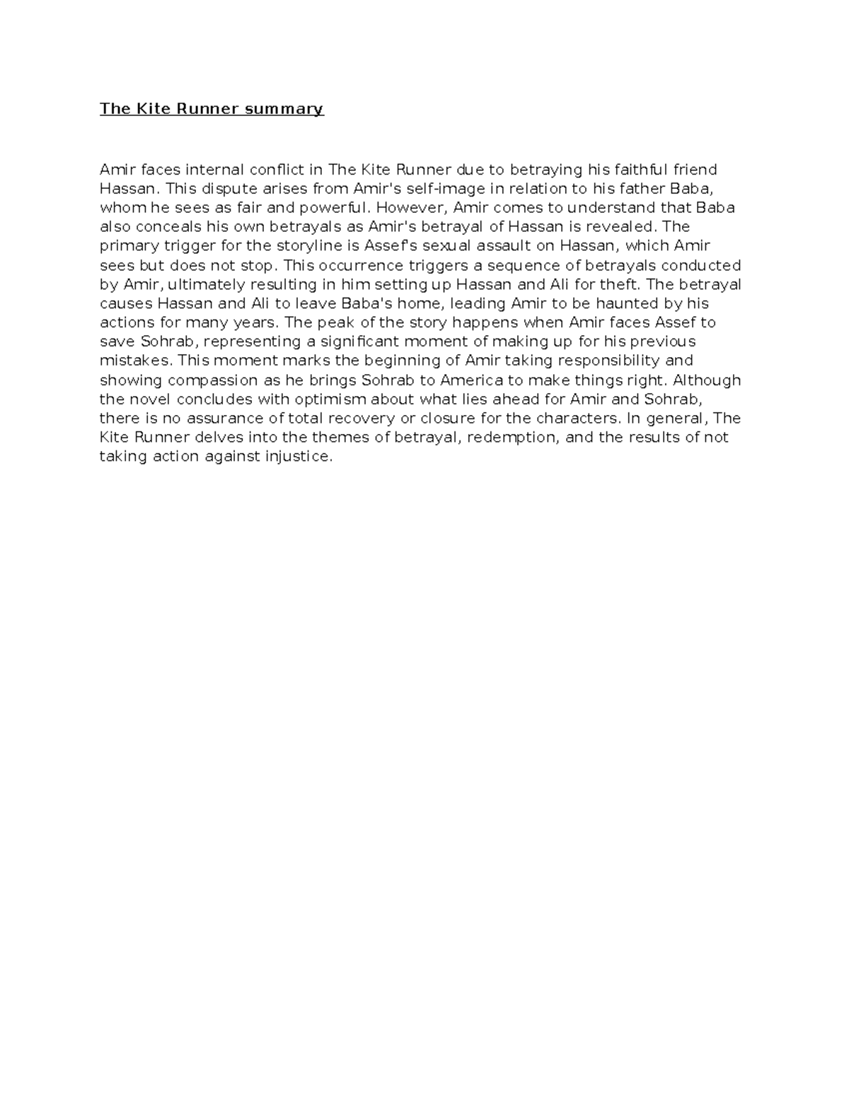 The Kite Runner Summary: Themes of Betrayal and Redemption - Studocu