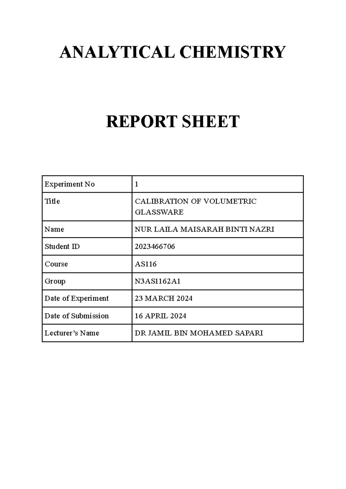 Lab Report 1: Calibration of Volumetric Glassware (CHM256) - Studocu