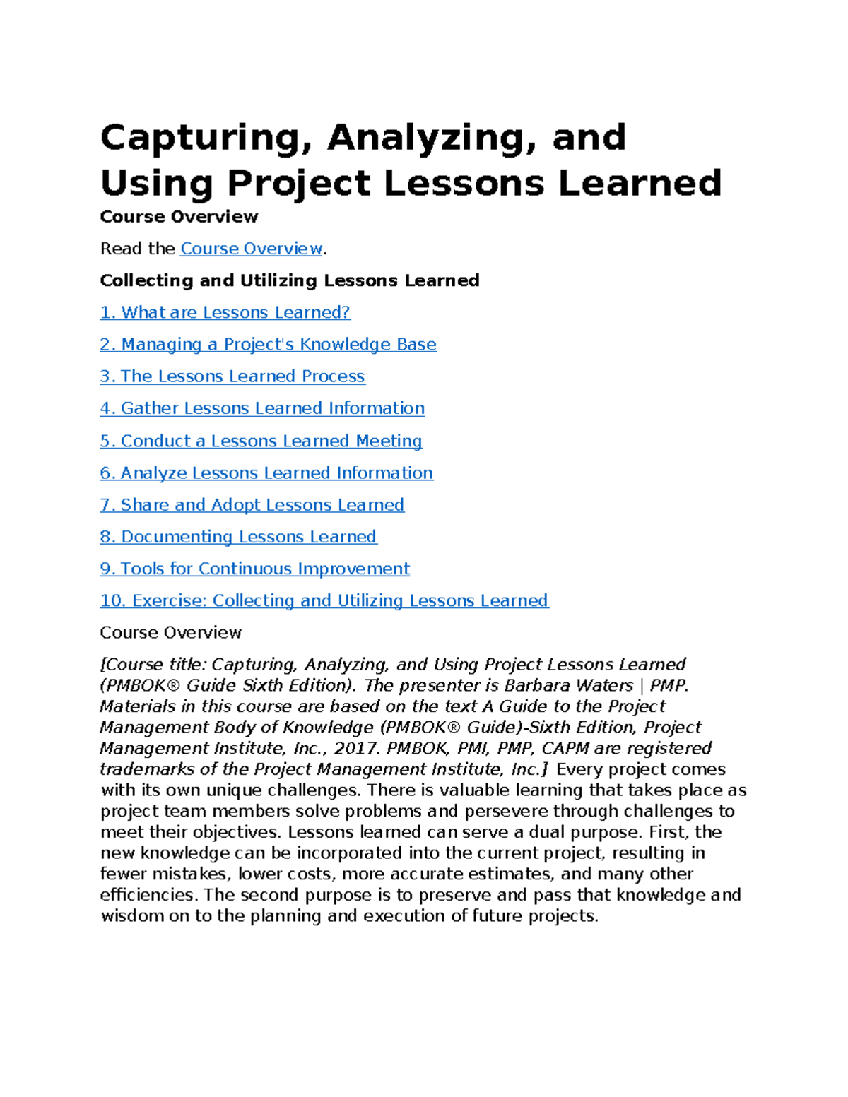 Capturing and Analyzing Project Lessons Learned (PMBOK® Guide) - Studocu