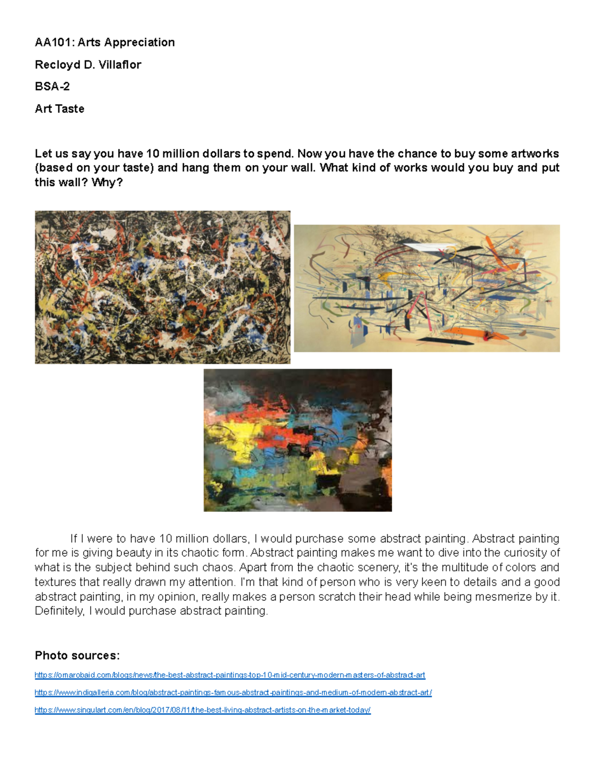 AA101 Art Appreciation: Exploring My Taste in Abstract Art - Studocu