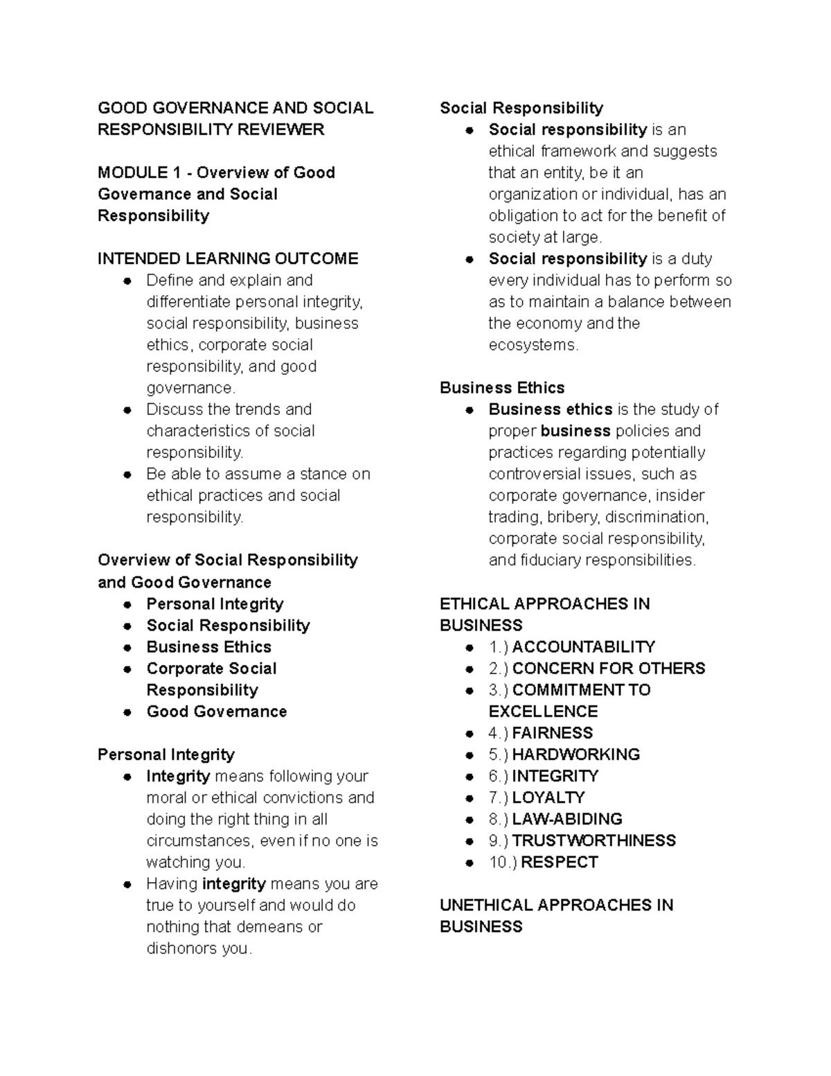 GOOD Governance & Social Responsibility (Module 1 Review) - Studocu