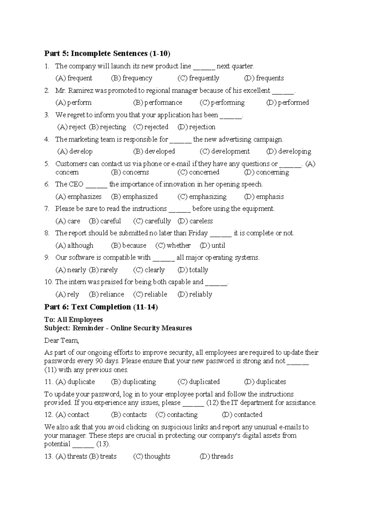 TOEIC Reading: Incomplete Sentences & Text Completion Exercises - Studocu