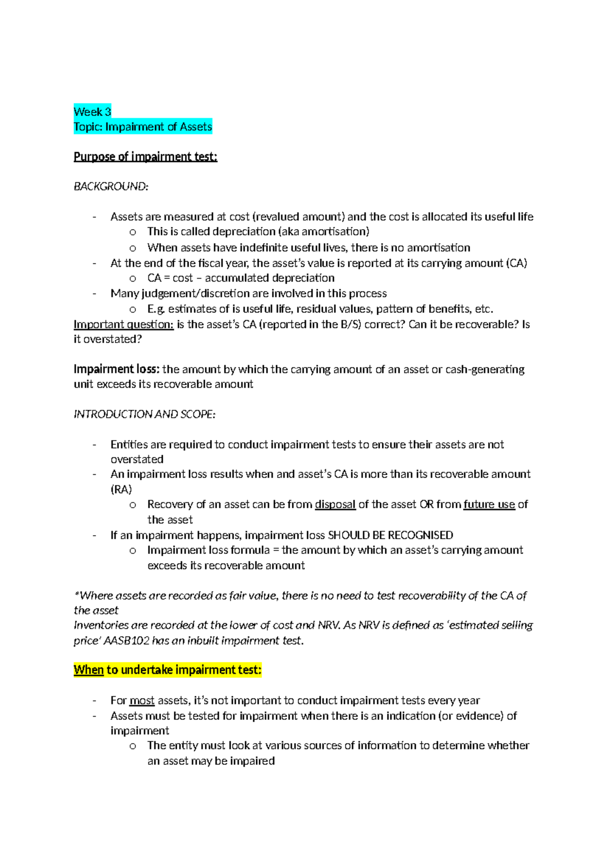 Week 3 - Week 3 Lecture Notes - Week 3 Topic: Impairment of Assets ...