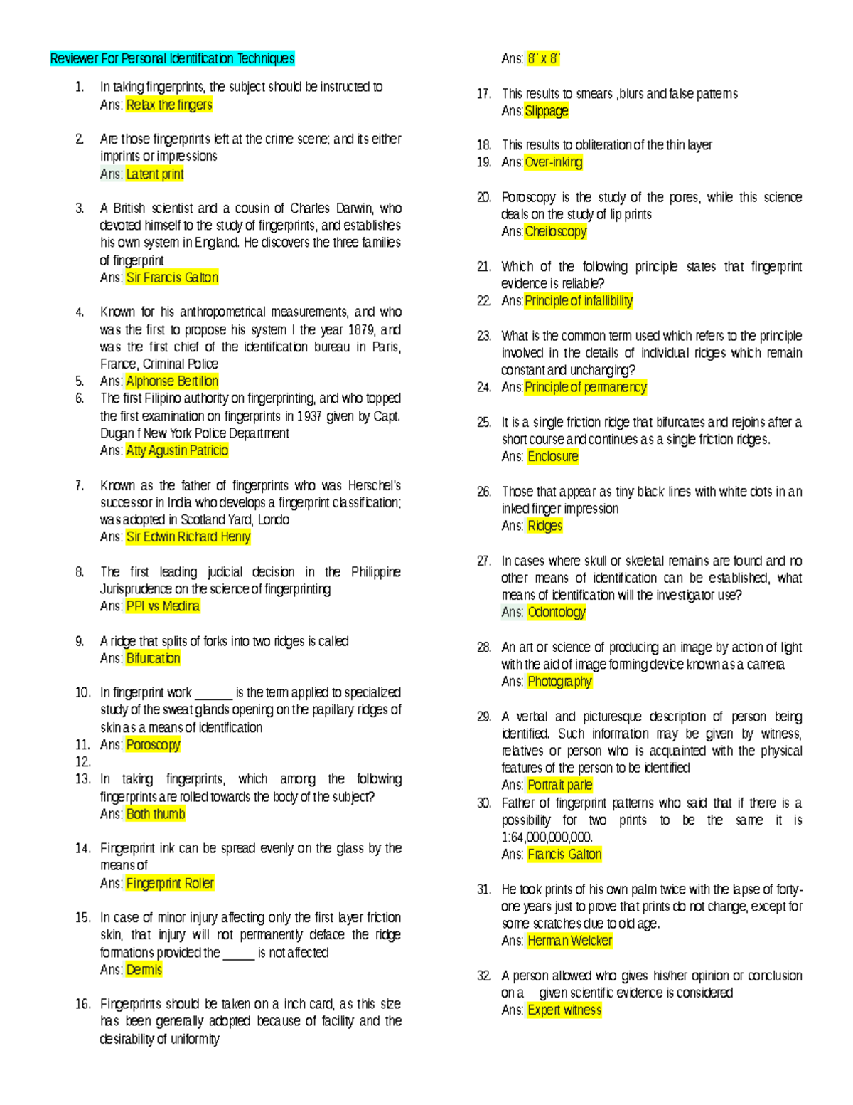 Personal Identification Techniques Reviewer for Forensic Studies - Studocu