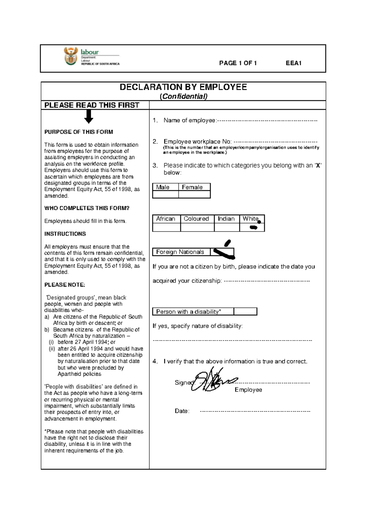 EEA1 Form - Employee Declaration for Employment Equity Compliance - Studocu