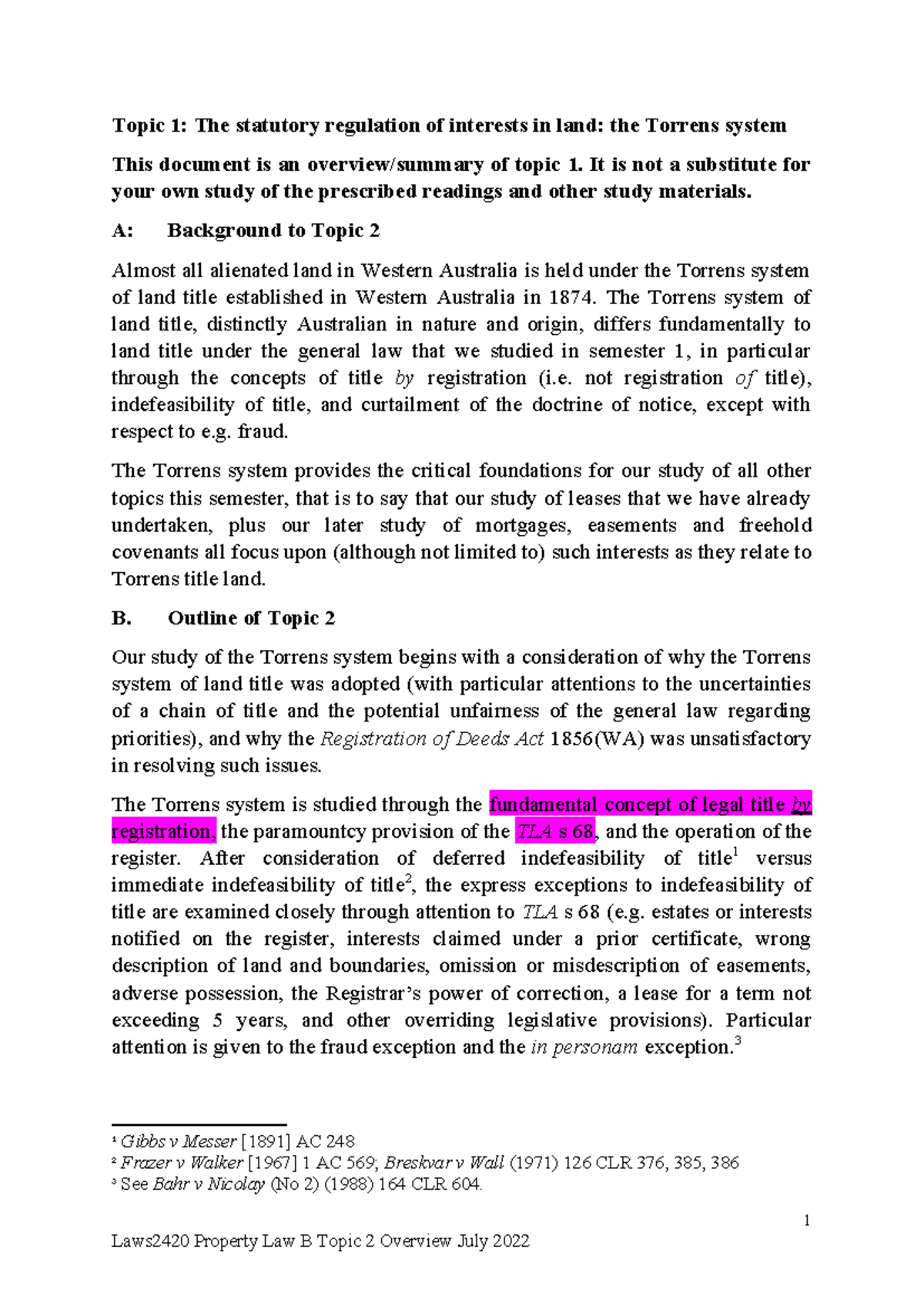 Laws2420 Property Law B: Topic 2 - Overview of the Torrens System - Studocu