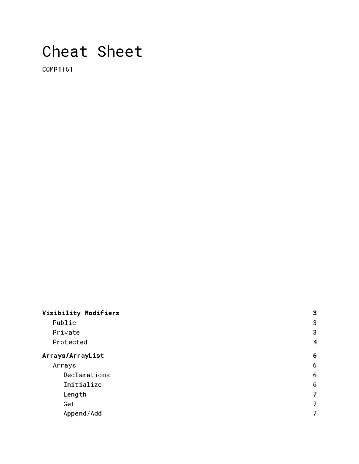 Cheat Sheet - Notes - Cheat Sheet COMP Visibility Modifiers Public ...