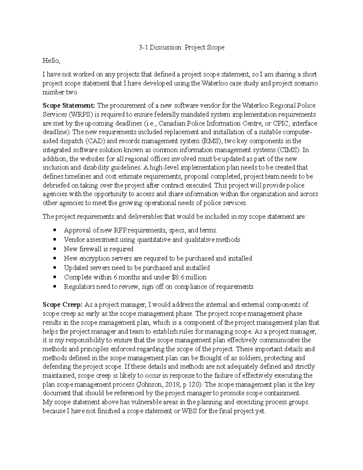 QSO345 3-1 Discussion: Defining Project Scope for Waterloo Case Study ...
