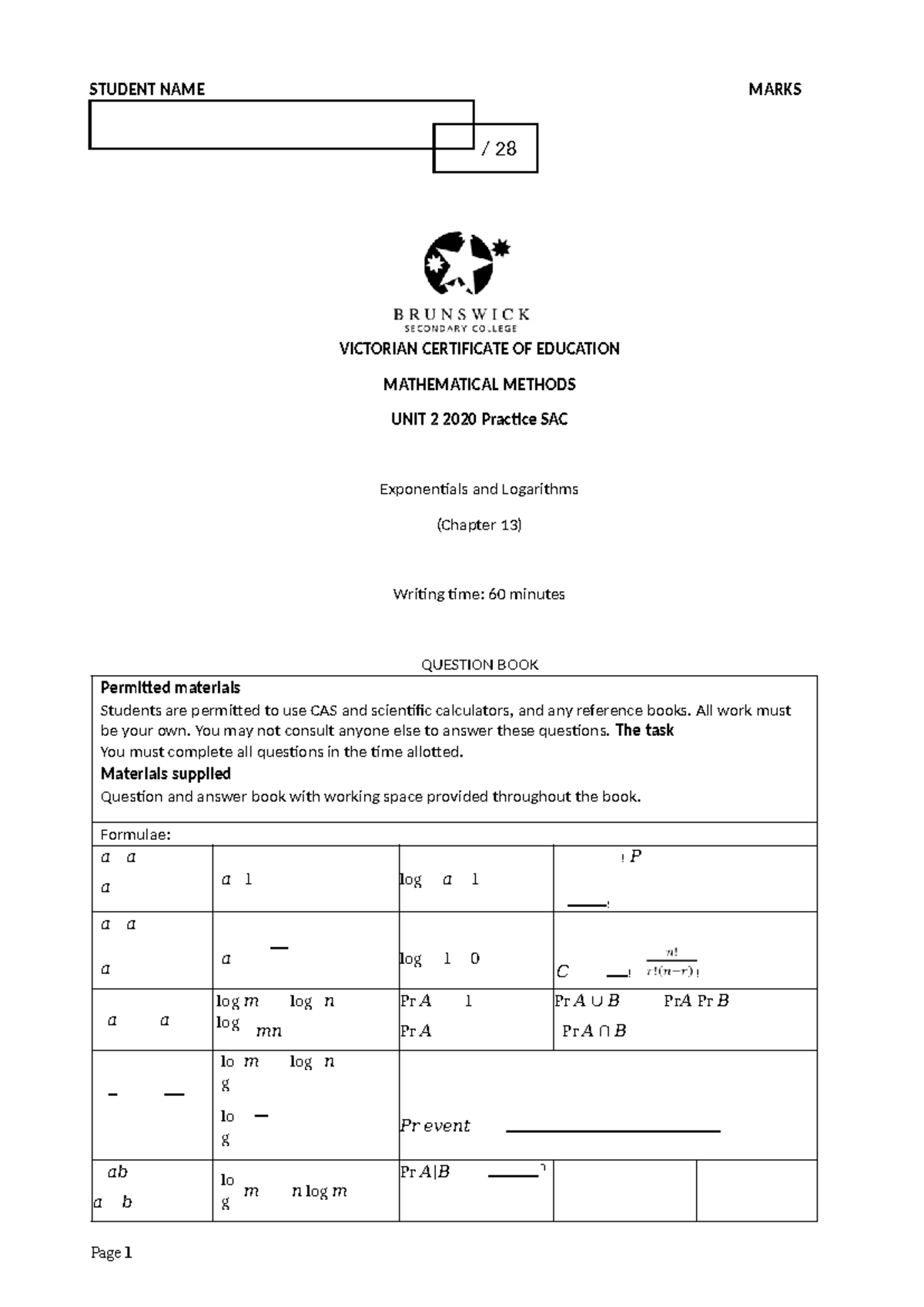 VCE Mathematical Methods Unit 2 2020 Practice SAC: Exponentials ...
