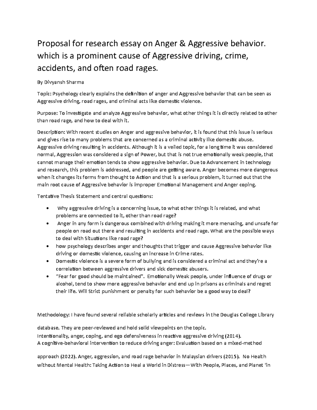 Research Proposal PSY 101: Anger, Aggression & Driving Behavior - Studocu