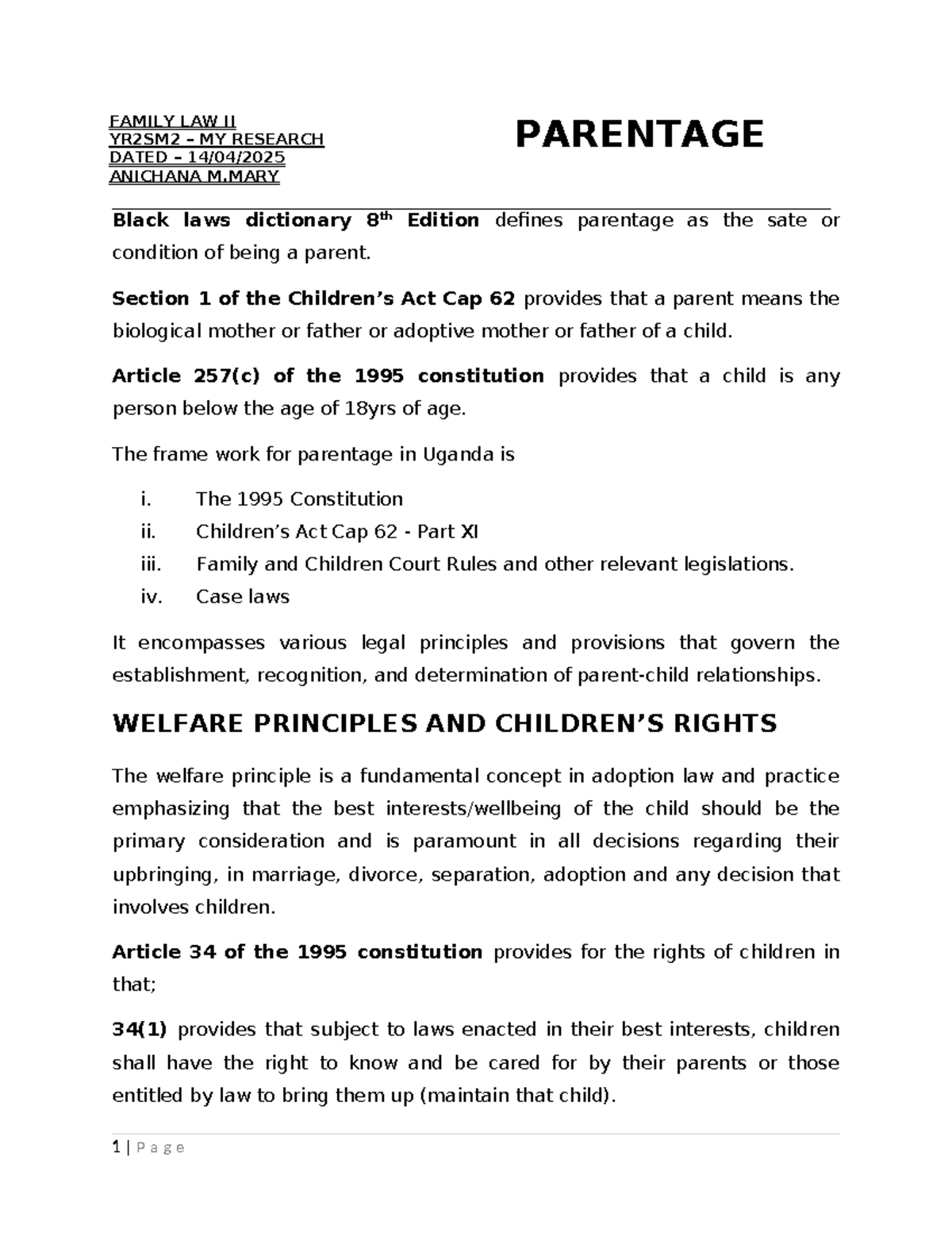 FAMILY LAW II YR2SM2: Research on Parentage and Legal Principles - Studocu