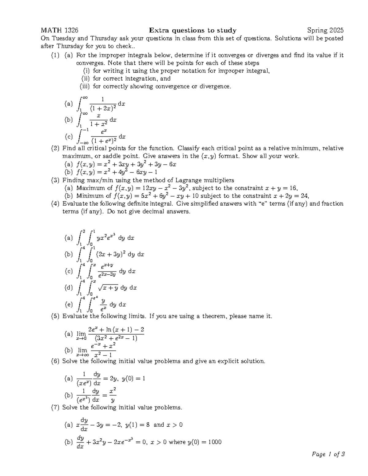 MATH 1326 Spring 2025 Study Guide: Extra Questions & Solutions - Studocu