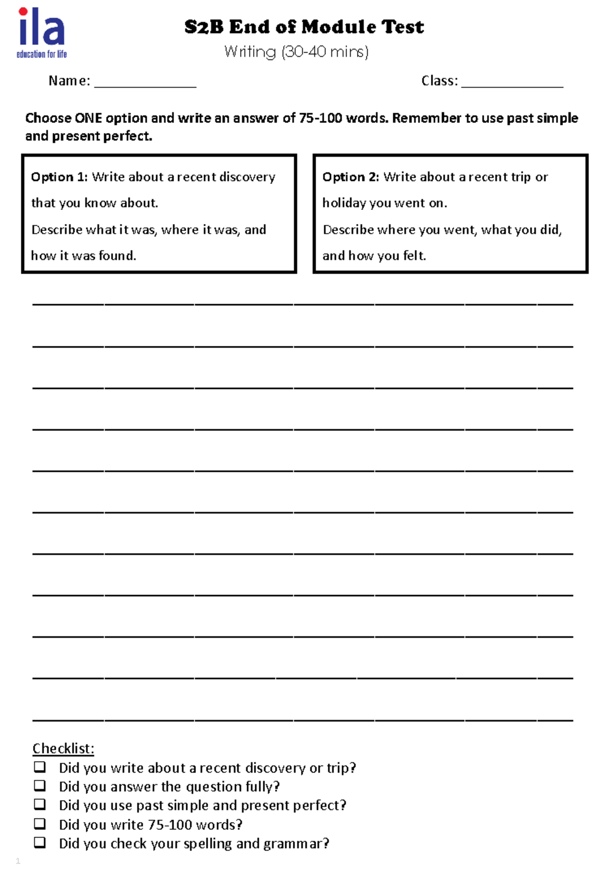 S2B End of Module Test: Writing on Recent Discovery or Trip - Studocu