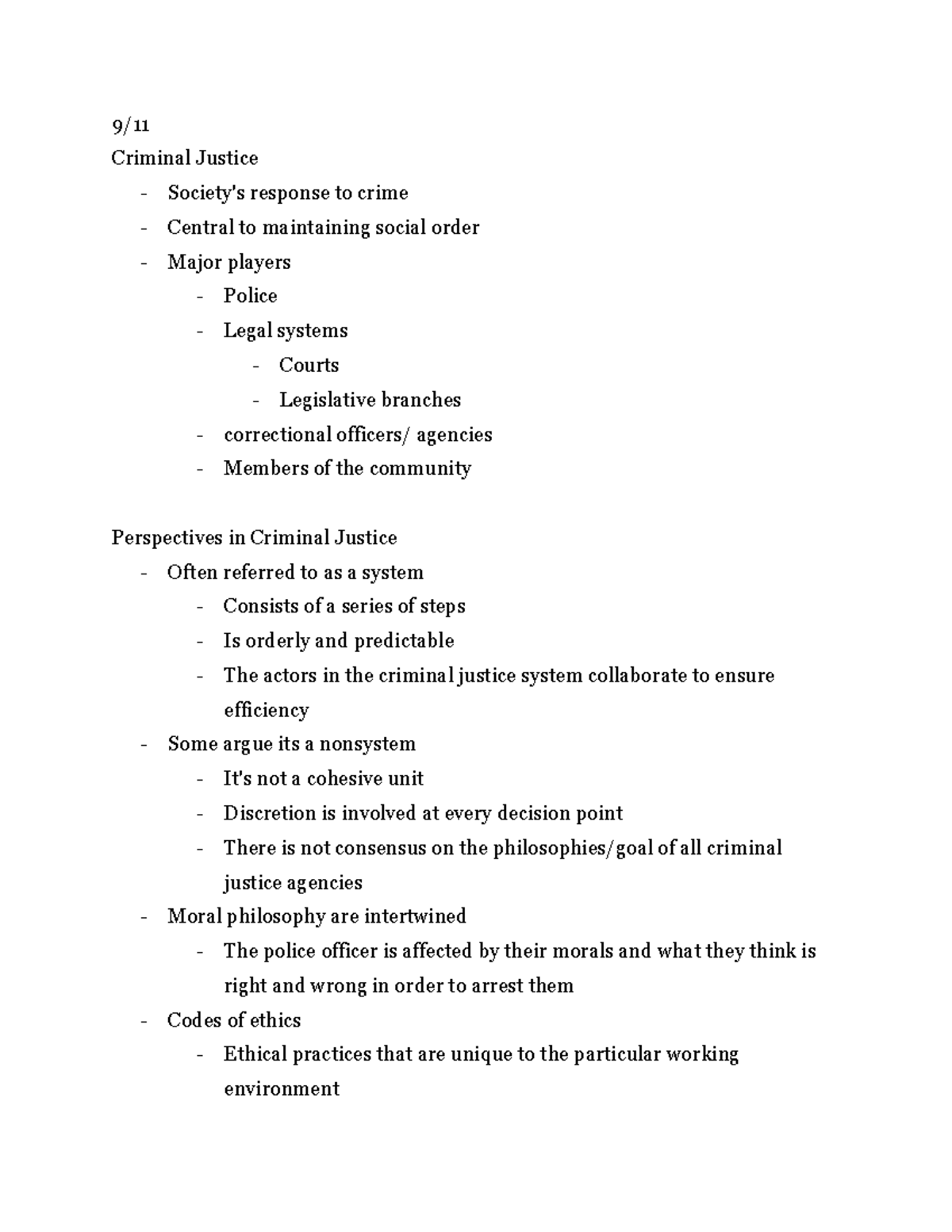 CJ 101 - Intro to Criminal Justice September Lecture Notes - Studocu