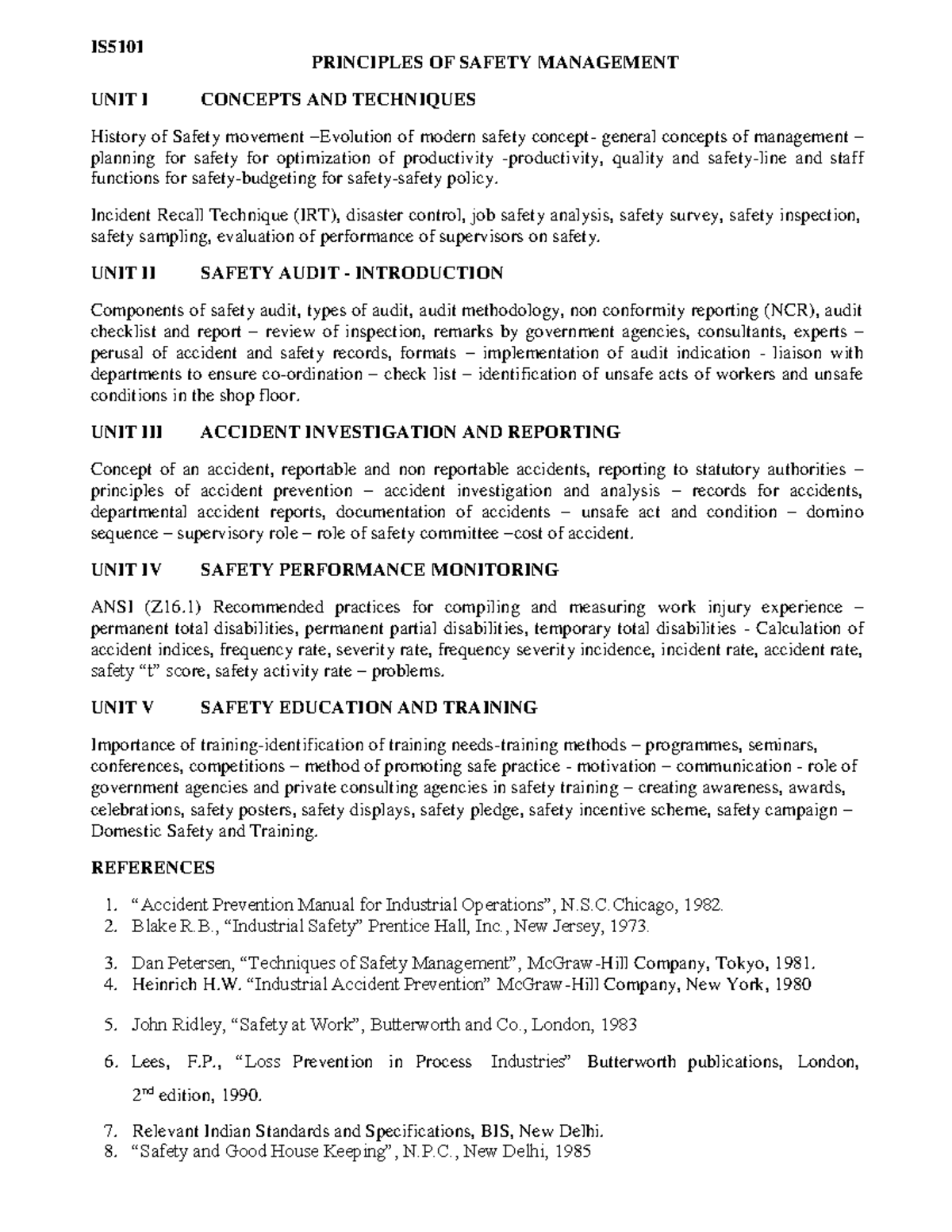 IS5101 Principles of Safety Management: Concepts, Techniques & Audits ...