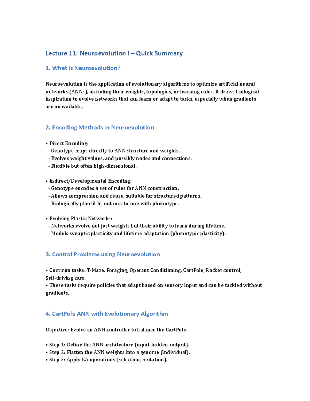 Lecture 11: Neuroevolution I Overview and Key Concepts - Studeersnel