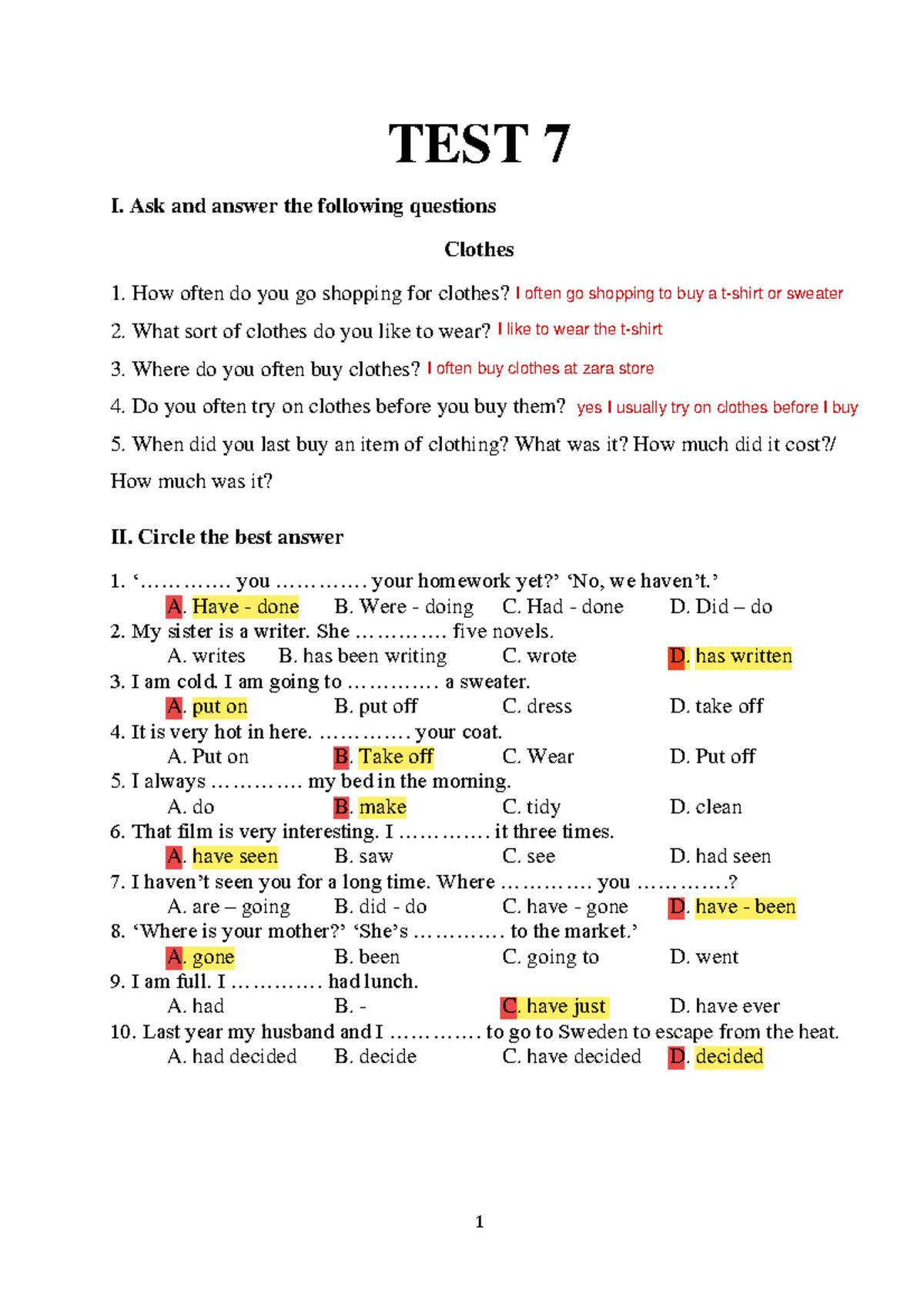 PT1-Test 7: Questions on Clothes, Comprehension, and Writing Tasks ...