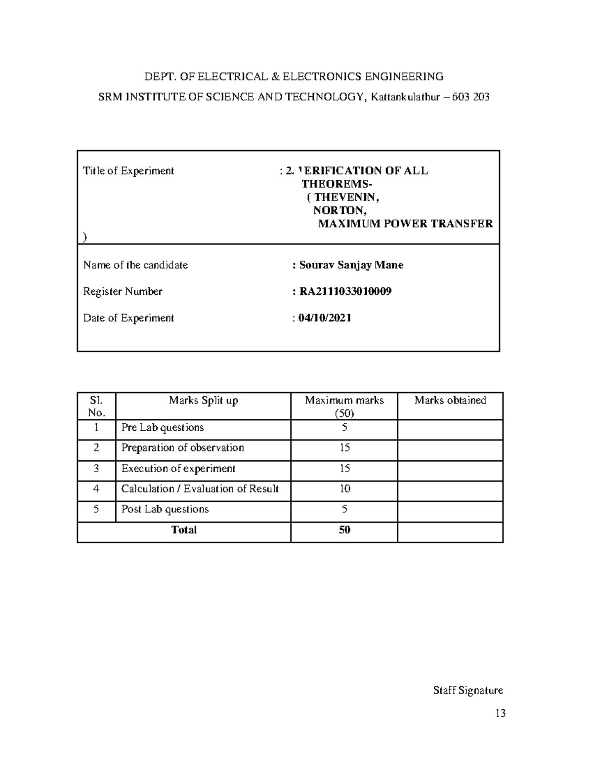 2 - Basic Electrical & Electronics Engineering Experiment 2: Theorems ...