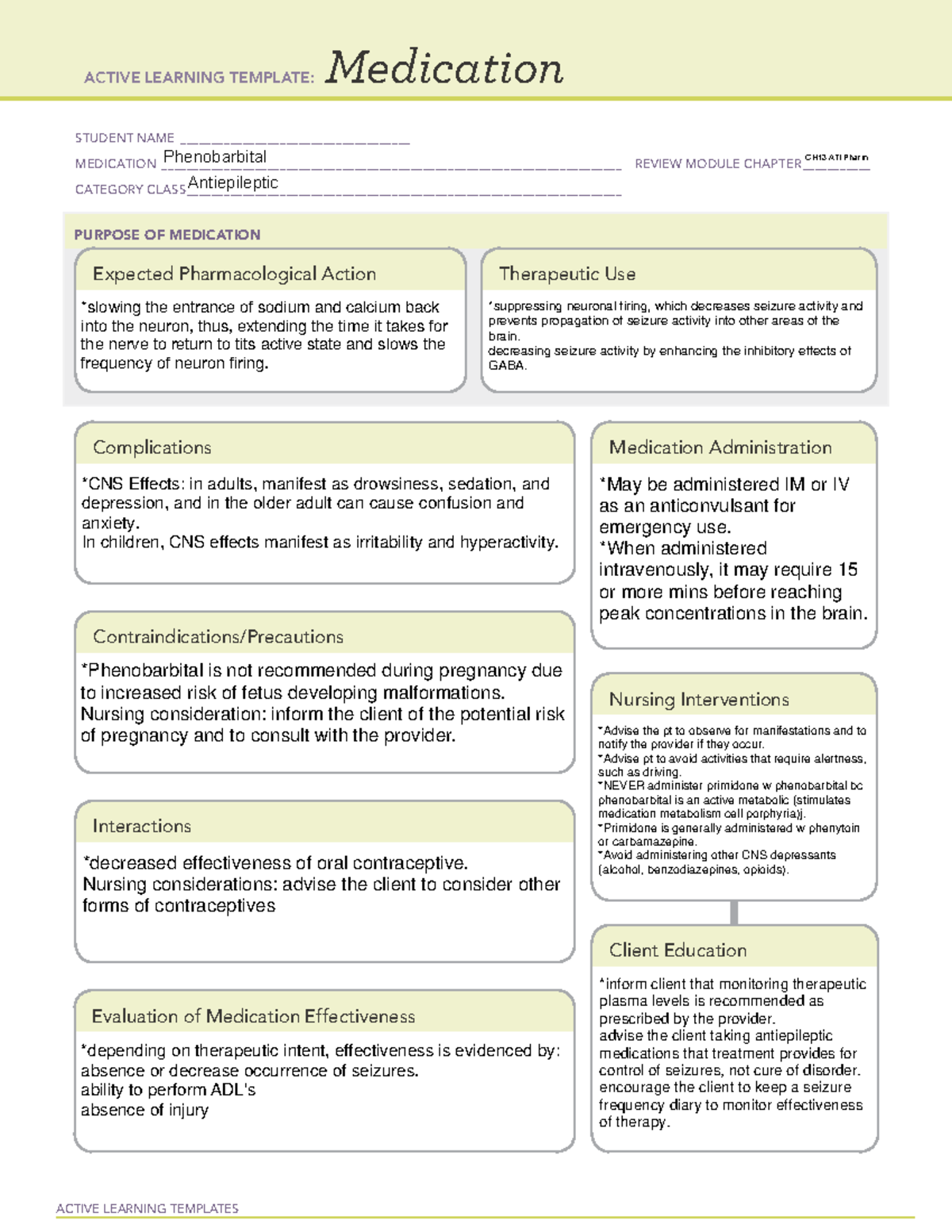 ATI Medication Template Phenobarbital ####### ACTIVE LEARNING