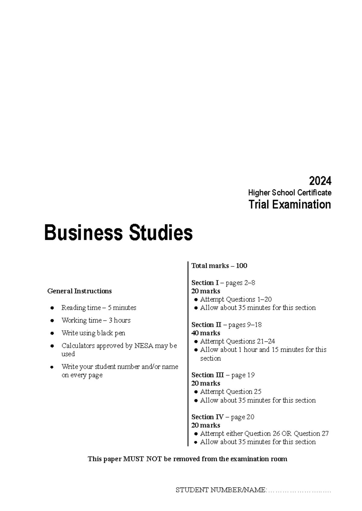Business Studies HSC Trial Exam 2024 - Total Marks 100 - Studocu
