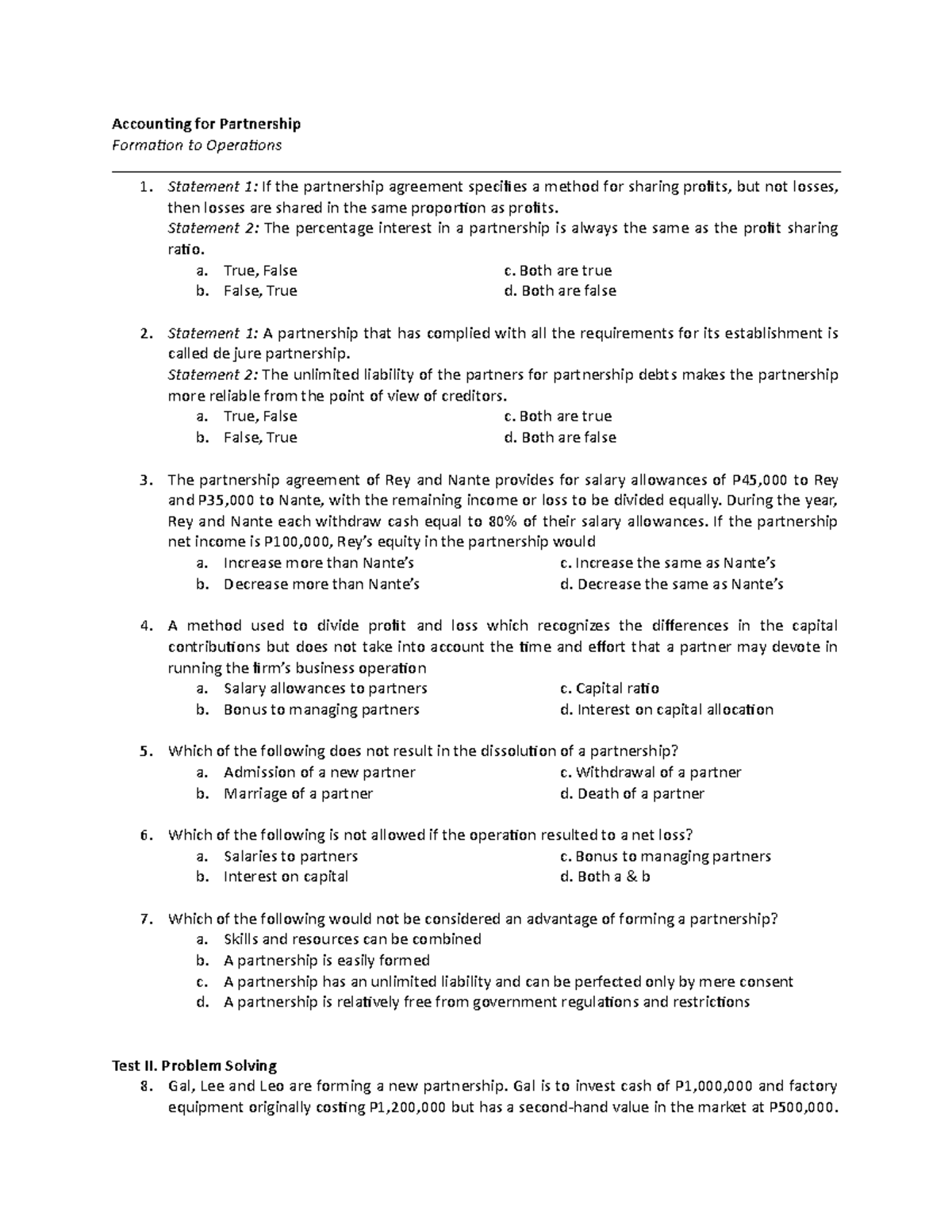 Partnership - Lecture notes 1 - Accounting for Partnership Formation to ...