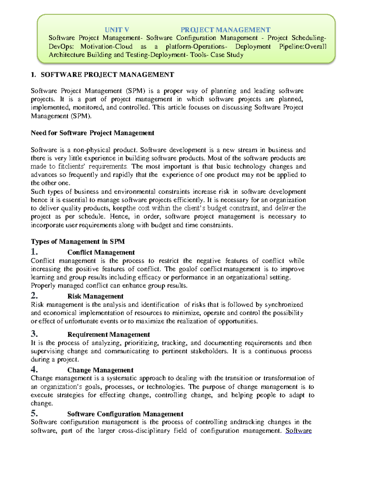 Unit 5: Software Project Management and SCM - Key Concepts and ...