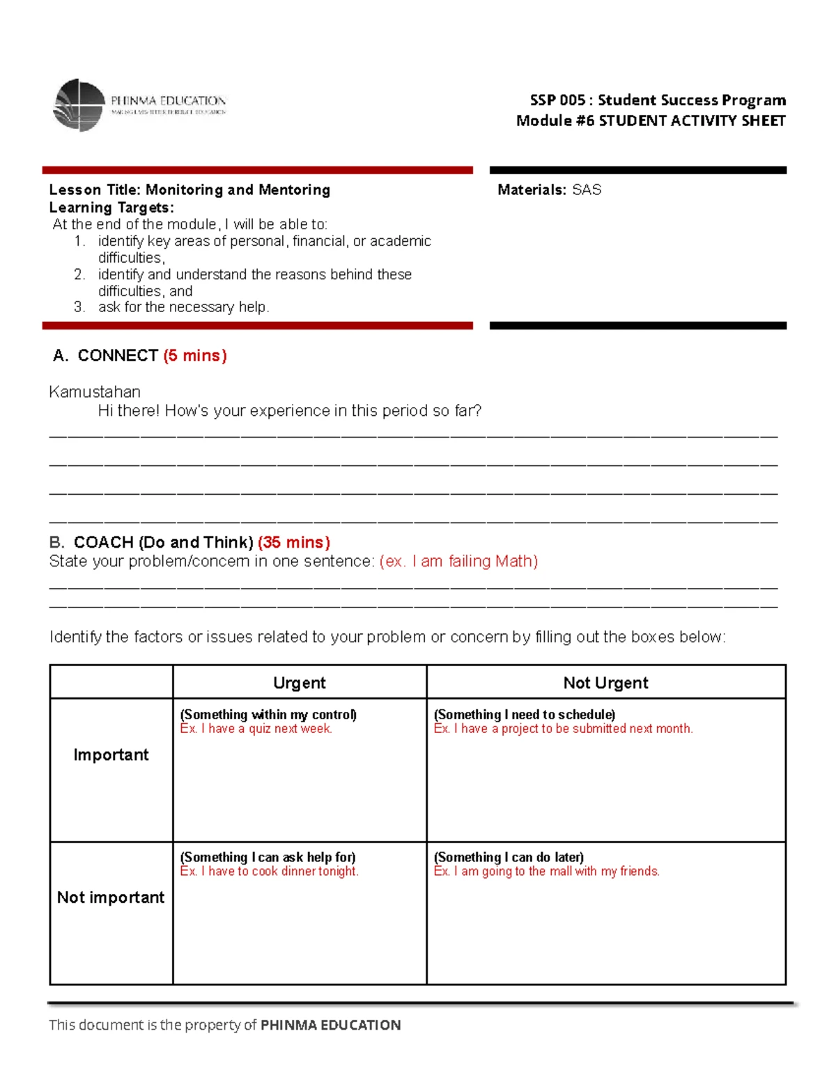 SSP 005: Academic Mapping & Proactive Advising Lesson Activity Sheet ...