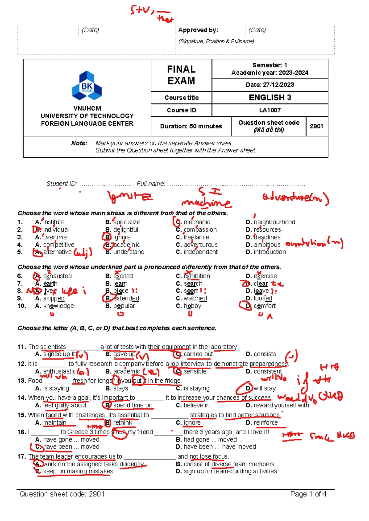 Sample Final Test Answer Key - PRONUNCIATION, GRAMMAR & VOCABULARY ...