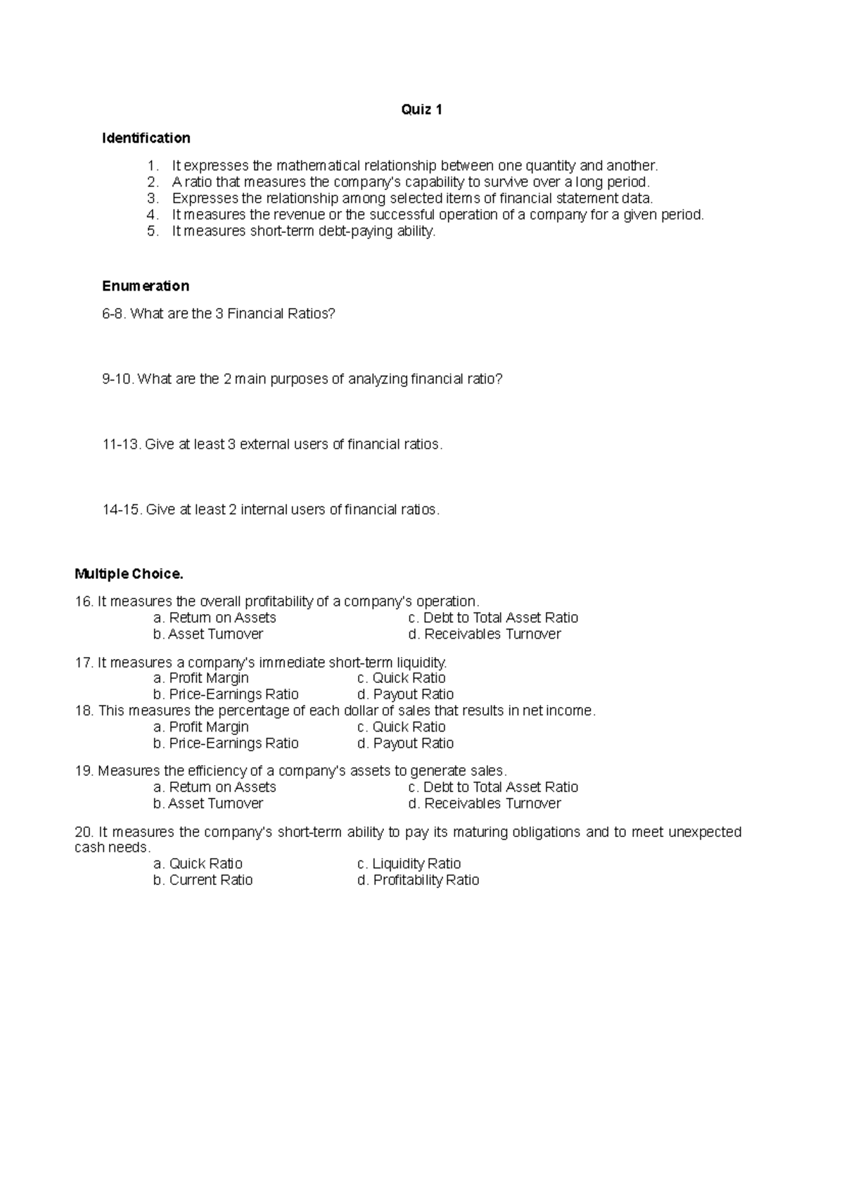 Quiz 1 Test Bank: Financial Ratios & Analysis Questions - Studocu