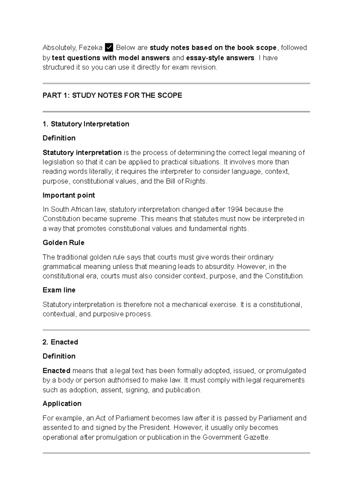 Study Notes and Test Questions on Statutory Interpretation for SU 1-9 ...